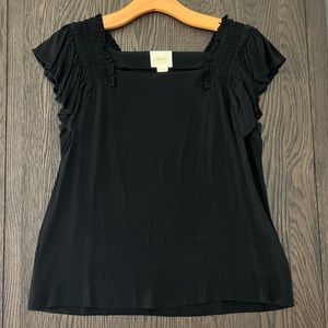 Maeve Top, black, size 6, ruffle sleeve detail, square neckline